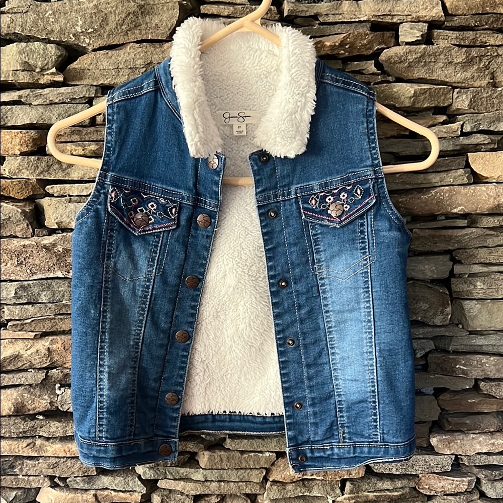 Denim Vest with Faux Fur Collar